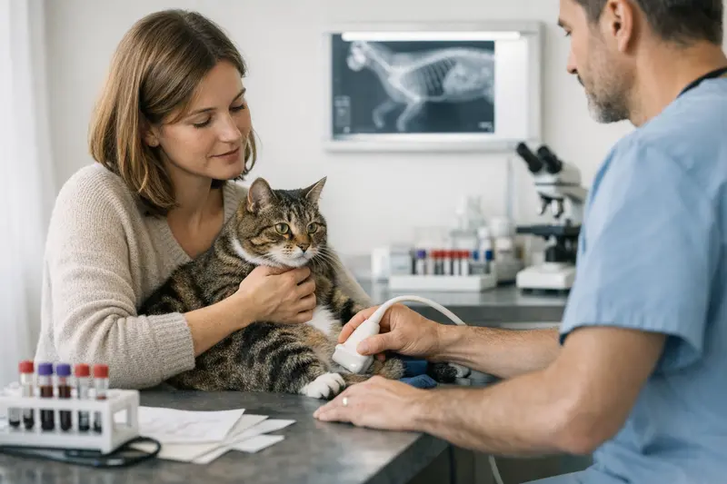 Röntgenuntersuchung bei Katzen Tierärztin führt eine Röntgenuntersuchung bei einer Katze durch, um Diagnosen zu stellen.