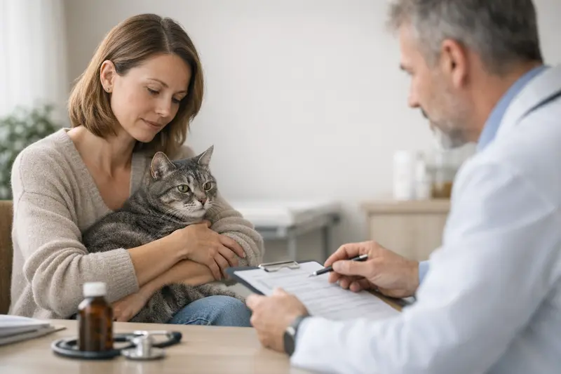 Katzenversicherung Vorerkrankungen Eine Katze beim Tierarzt, die auf mögliche Vorerkrankungen untersucht wird.