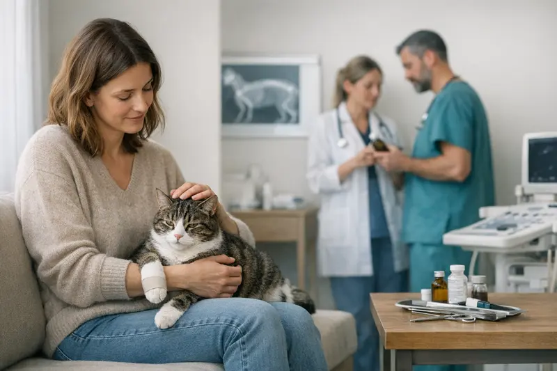 Eine Katze beim Tierarzt, der über die Unterschiede zwischen Katzen-OP-Versicherung und Katzenkrankenversicherung informiert.