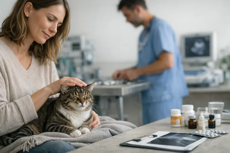 Unterschied zwischen OP-Schutz und umfassender Katzenversicherung Katzensilhouette vor einem Tierarztpraxis-Schild, das den Unterschied zwischen OP-Schutz und umfassender Katzenversicherung verdeutlicht.