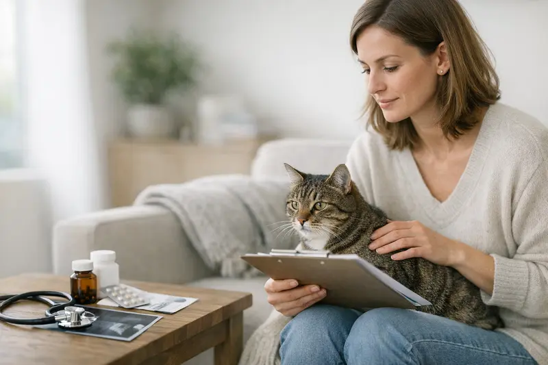 Wichtige Tarifdetails für Katzenversicherungen Eine Katze beim Tierarzt, die untersucht wird, um die Bedeutung von Tarifdetails für Tierarztkosten zu verdeutlichen.