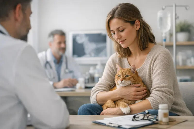 Katzenarztbesuch Eine Katze beim Tierarzt, die untersucht wird, um die Wichtigkeit einer Katzenversicherung zu verdeutlichen.