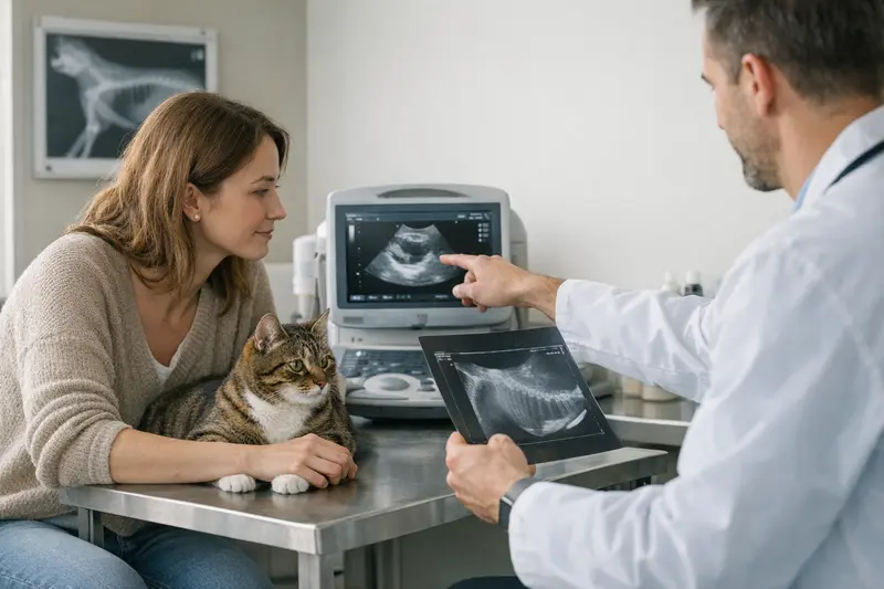 Tierarzt bei der Durchführung einer Röntgenuntersuchung an einer Katze zur Diagnostik.