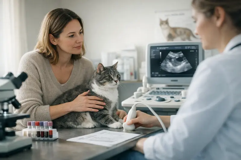 Diagnostik bei Katzenversicherungen Tierärztliche Untersuchung einer Katze mit einem Ultraschallgerät zur Diagnostik.