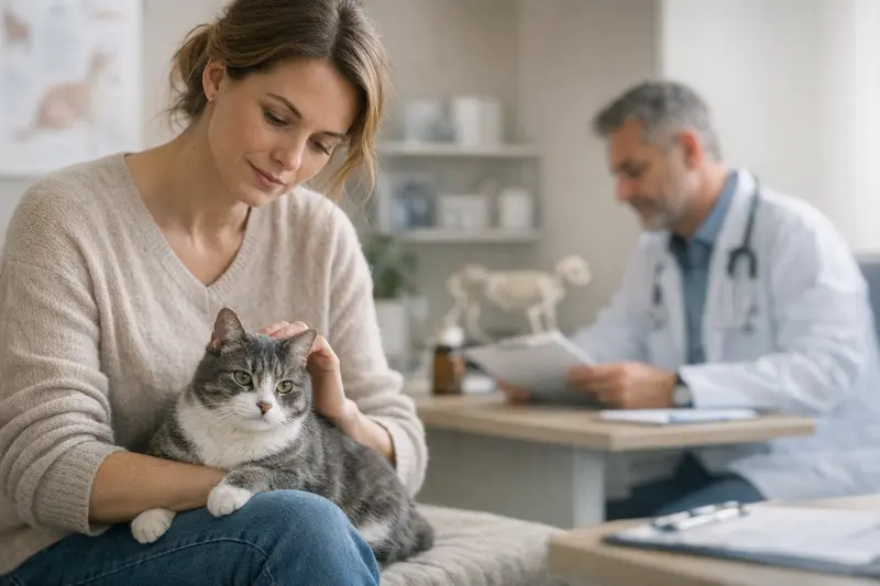 Eine Katze auf dem Tierarzt-Tisch während einer Untersuchung, symbolisiert die wichtigkeit der Gesundheitsprüfung vor einer Katzenversicherung.