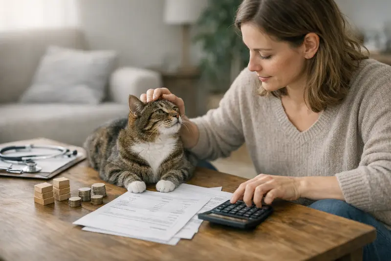 Katzenbesitzerin berät sich über Selbstbeteiligung und Versicherungslimits am Computer.