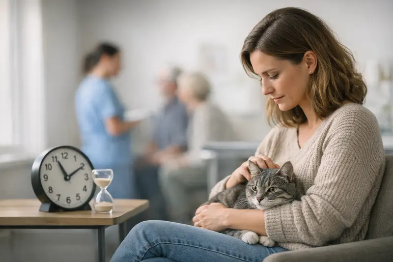 Katzengesundheit und Wartezeiten bei Versicherungen Eine Katze beim Tierarzt, die untersucht wird, um die Wichtigkeit von Wartezeiten in der Katzenversicherung zu verdeutlichen.