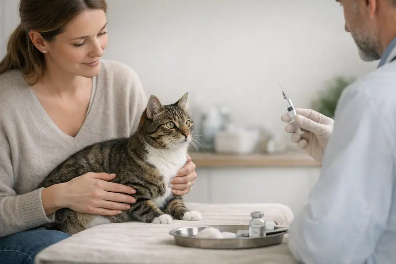 Katzengesundheit und Impfungen Eine Katze beim Tierarzt, die für eine Impfung vorbereitet wird.