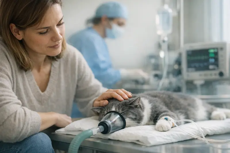 Kater unter Narkose während einer tierärztlichen Untersuchung und OP-Vorbereitung.