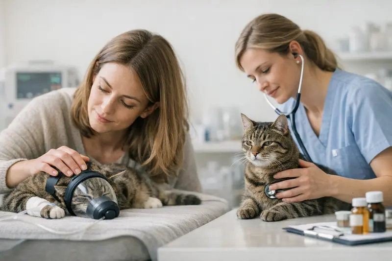 Unterschied zwischen OP-Schutz und Krankenversicherung für Katzen Katzengesundheitscheck mit Tierarzt zur Klärung von OP-Schutz und Krankenversicherung.
