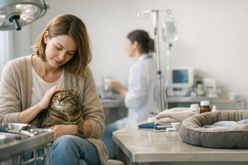 Katzenhalter bespricht mit Tierarzt die Unterschiede zwischen OP-Schutz und umfassender Katzenversicherung.