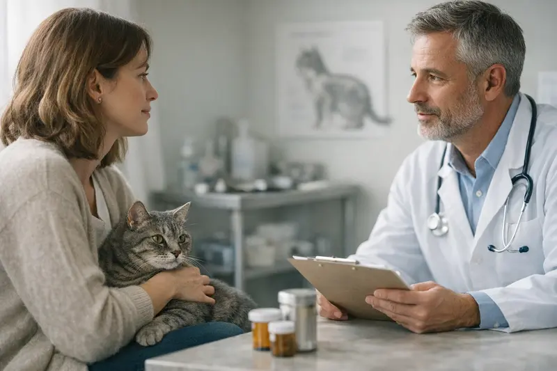 Eine Katze beim Tierarzt, die eine Untersuchung erhält, was wichtige Informationen zur Katzenversicherung verdeutlicht.