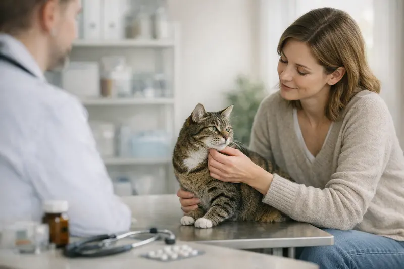 Katzenbesitzerin informiert sich über Vorsorgeleistungen ihrer Katzenversicherung beim Tierarzt.