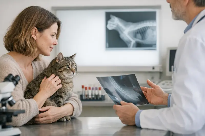 Diagnostik in der Katzenversicherung Tierarzt untersucht eine Katze mit Röntgengerät zur Diagnostik