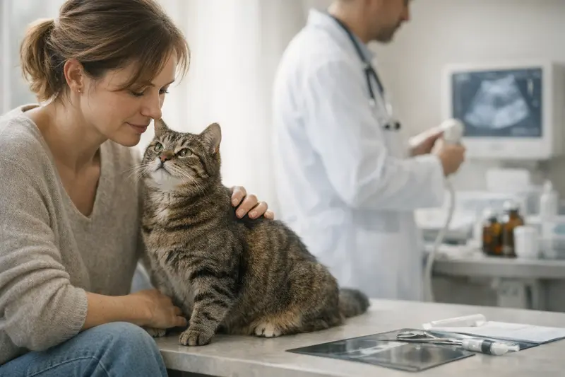 Katzenversicherung und Tierarztkosten Schwarze Katze beim Tierarzt mit einem Tierarzt, der die Tierarztkosten erklärt.