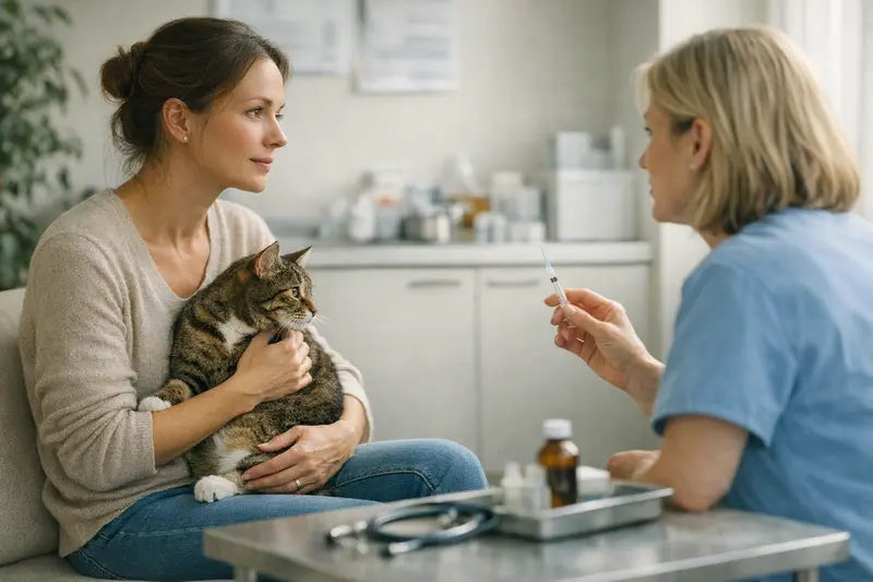 Eine Katze beim Tierarzt, die zur Vorsorgeuntersuchung gebracht wird.