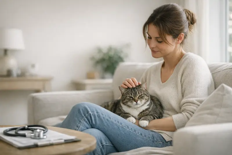 Katzengesundheit und Wartezeiten in der Versicherung Eine Katze wird von einem Tierarzt untersuchen, während der Halter über Wartezeiten in der Katzenversicherung informiert wird.