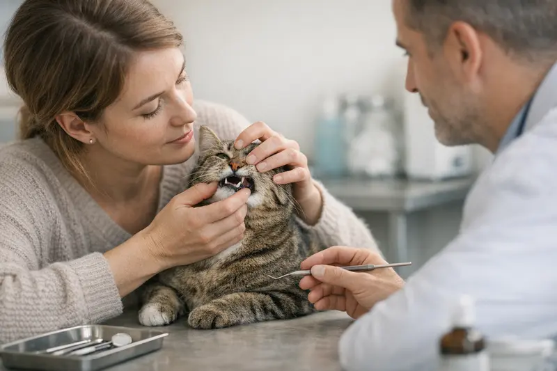 Zahnbehandlung für Katzen Katzenbesitzerin fragt Tierarzt nach Zahnbehandlungskosten für ihre Katze