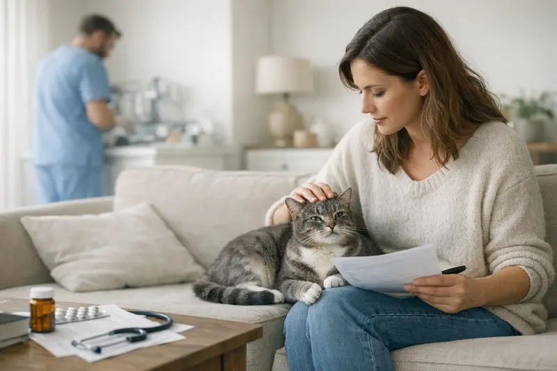 Tierärztliche Untersuchung bei Katzen Eine Katze sitzt auf dem Tisch, während eine Tierärztin ihre Gesundheit überprüft.