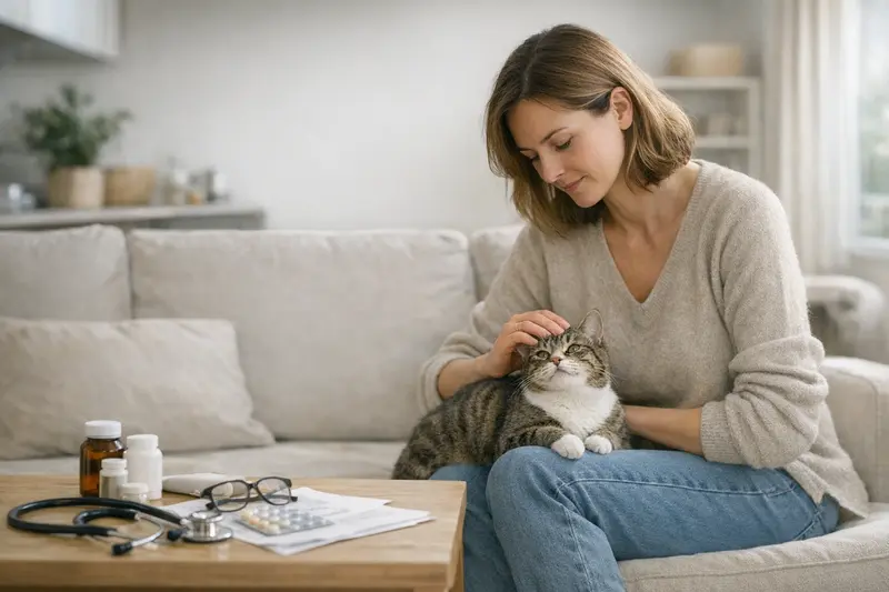 Katzenversicherung und Tierarztbesuch Eine Katze sitzt entspannt in einer Tierarztpraxis, bereit für die Untersuchung, was die Wichtigkeit einer Katzenversicherung verdeutlicht.