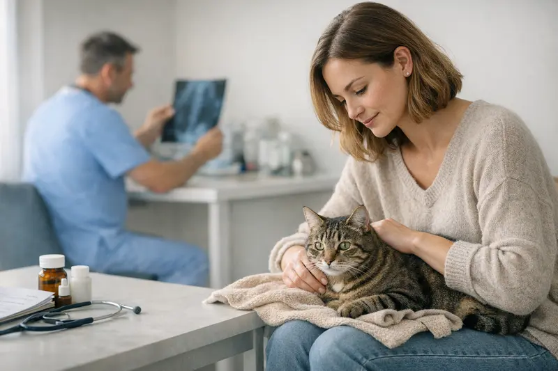 Katzenversicherung und tierärztliche Versorgung Eine Katze beim Tierarzt zur Untersuchung, die über OP-Schutz und Versicherungsoptionen informiert wird.