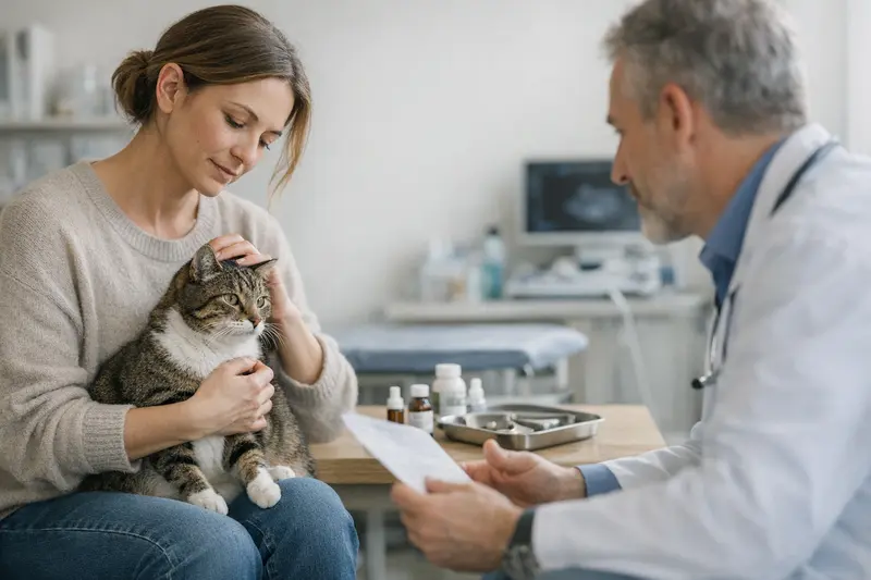 Katzen beim Tierarzt Eine Katze beim Tierarzt, die untersucht wird, während die Tierhalterin besorgt zusieht.