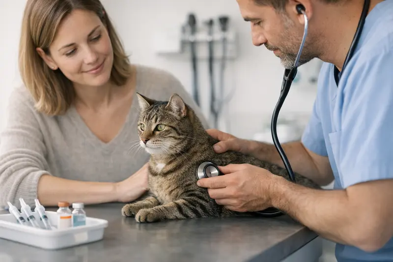 Katzenimpfung und Vorsorgeuntersuchung Eine Katze beim Tierarzt für eine Impfungsuntersuchung.
