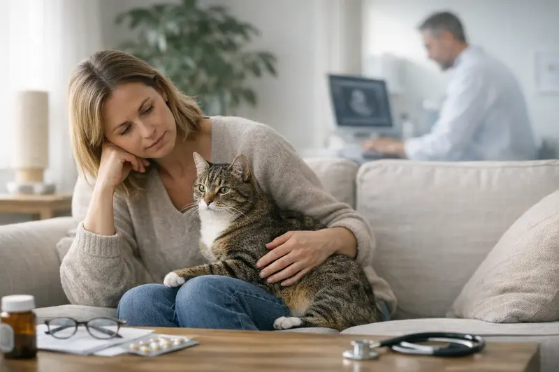 Tarifvergleich Katzenversicherung Eine Katze sitzt neugierig vor einem Laptop, während ein Tierhalter die besten Tarife für eine Katzenversicherung vergleicht.