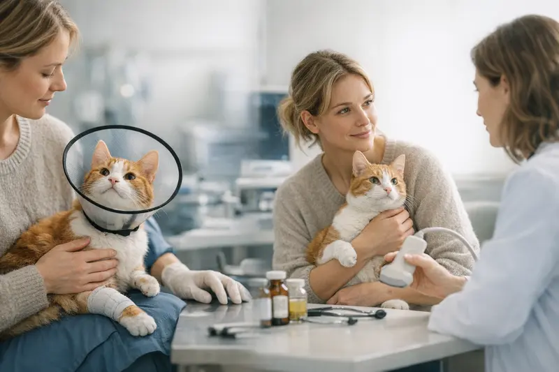 Unterschied zwischen OP-Schutz und Vollschutz bei Tierkrankenversicherungen Eine Katze beim Tierarzt, die für eine OP oder Behandlung untersucht wird, symbolisiert den Unterschied zwischen OP-Schutz und Vollschutz.
