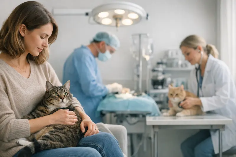 Ein Tierarzt untersucht eine Katze, während die Besitzerin über Versicherungsoptionen nachdenkt.