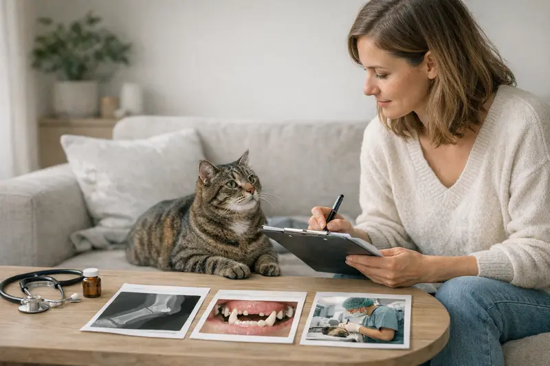 Tierarztkosten im Blick: Szenario-Check Ein Hund und eine Katze in einer Tierarztpraxis während einer Konsultation