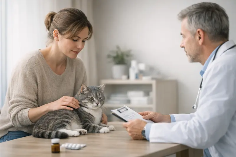 Katzenversicherung und Vorerkrankungen Eine Katze bei einem Tierarztbesuch, der die Bedeutung von Vorerkrankungen für den Versicherungsschutz veranschaulicht.