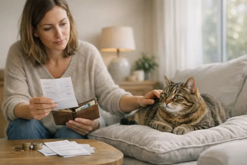 Katzenversicherung Selbstbeteiligung Eine Katze wird im Tierarzt untersucht, während ein Besitzer über Selbstbeteiligung bei der Katzenversicherung nachdenkt.