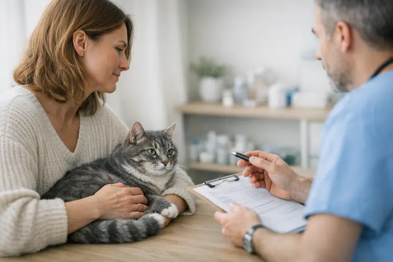 Tierarzt untersucht eine Katze mit Blick auf Vorerkrankungen