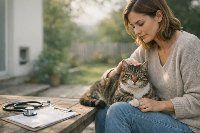 Freigängerkatze und ihre Gesundheit Eine Freigängerkatze sitzt neugierig vor einem Tierarztpraxis-Schild, um ihre Gesundheit zu schützen.