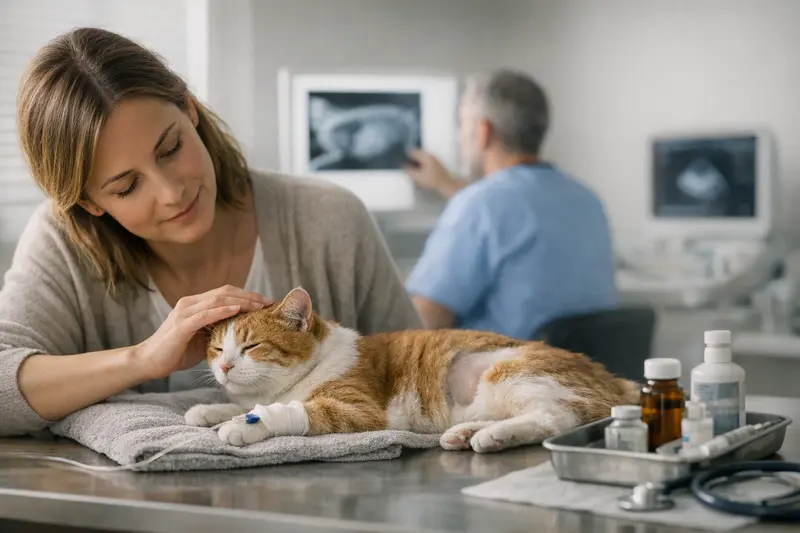 Tierarztuntersuchung und OP-Versicherung Tierärztliche Untersuchung bei einer Katze zur Klärung von OP-Kosten und Absicherung