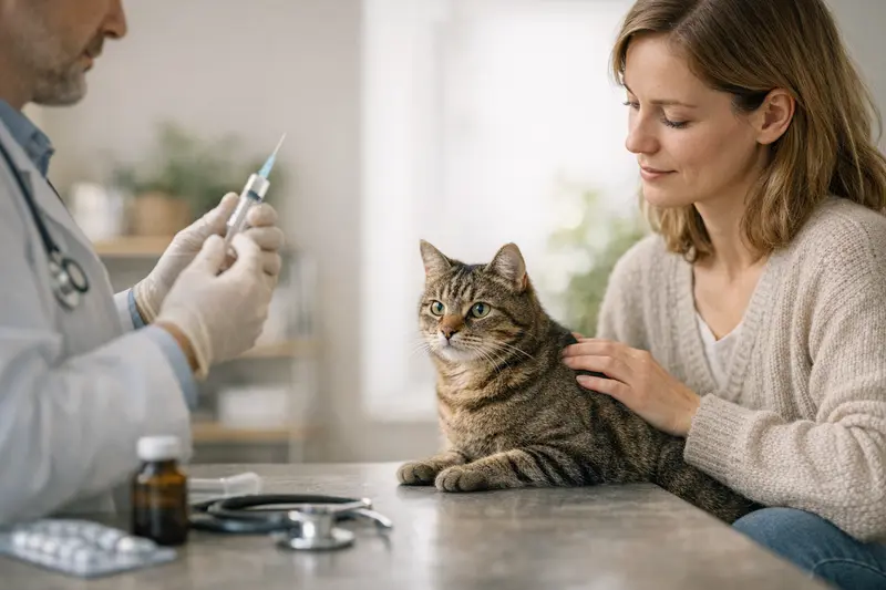 Eine Katze beim Tierarzt, die für Impfungen untersucht wird, symbolisiert die Bedeutung der Vorsorge bei Katzenversicherungen.
