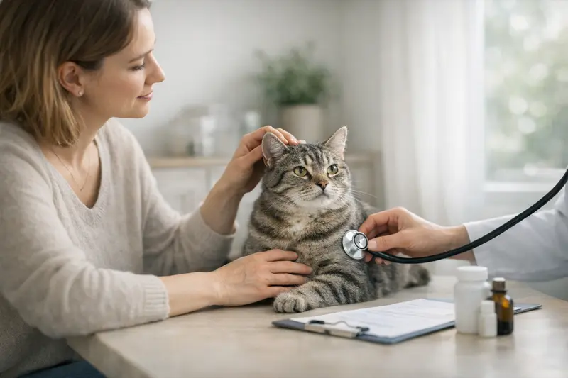 Eine Katze wird von einem Tierarzt bei einer Vorsorgeuntersuchung untersucht, während der Halter aufmerksam zusieht.
