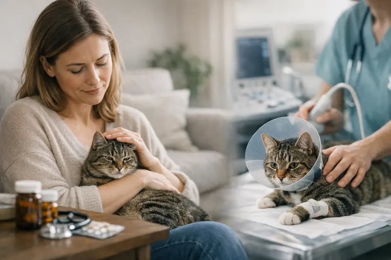 Katzenversicherung OP-Schutz vs. Krankenversicherung Eine Katze mit einem Verband, die eine medizinische Konsultation bei einem Tierarzt erhält.
