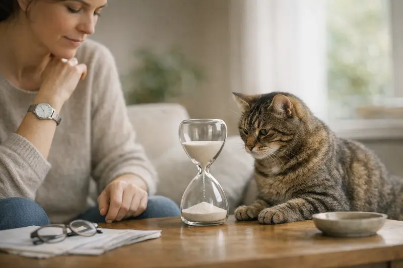 Wartezeiten bei Katzenversicherungen verstehen Ein fröhlicher Kater liegt entspannt auf einem Sofa, während im Hintergrund eine digitale Anzeige wichtige Informationen zu Wartezeiten bei Katzenversicherungen zeigt.