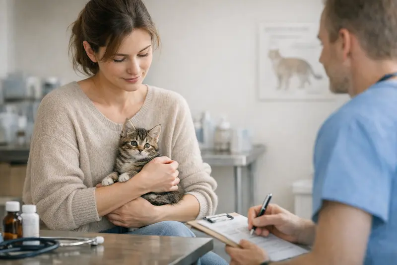 Tierarztbesuch für ein Kitten Eine junge Katze bei einem Tierarztbesuch zur Untersuchung und Beratung über eine Katzenversicherung.