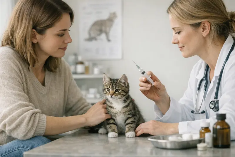 Katzenversicherung und Vorsorgeuntersuchungen Tierarzt untersucht eine Katze auf Vorsorgeuntersuchungen und Impfungen.