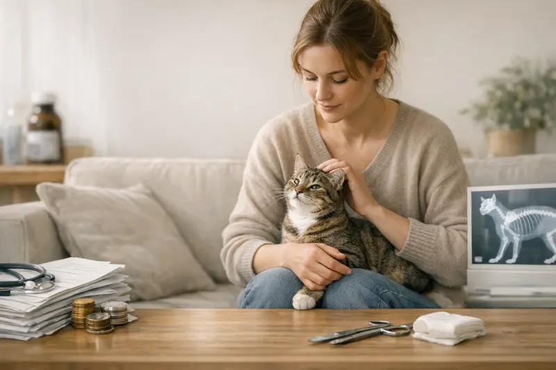 Katzengesundheit und Tierarztkosten Eine junge Katze auf einem Tisch beim Tierarzt, umgeben von veterinärmedizinischen Utensilien.