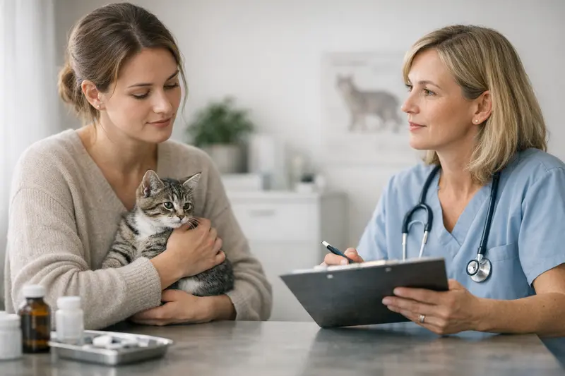 Tierarztuntersuchung junger Katzen Junge Katze wird von einem Tierarzt untersucht, um Vorerkrankungen festzustellen.