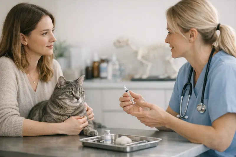 Vorsorgeuntersuchung bei der Katze Eine Katzenhalterin besucht mit ihrer Katze die Tierarztpraxis zur Vorsorgeuntersuchung.