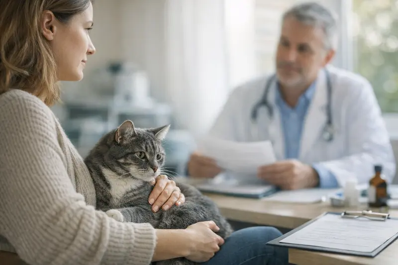 Katzenversicherung Vorerkrankungen Eine Katze untersucht gesundheitlich bedenkliche Symptome bei einer Tierarztbesuch.