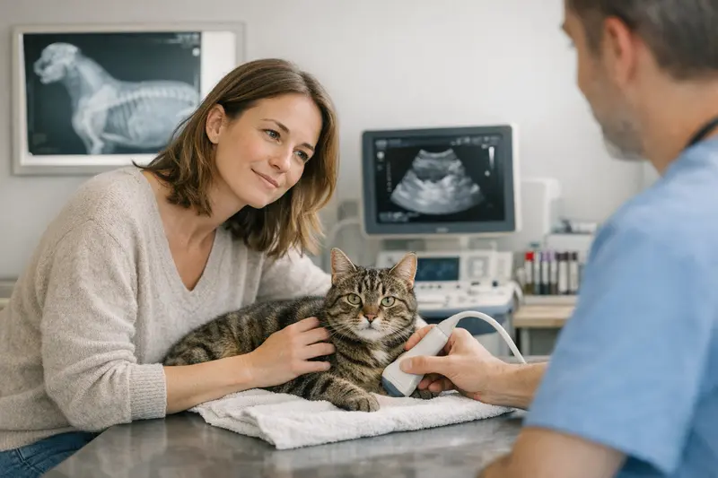 Diagnostik bei Katzenversicherungen Tierarzt untersucht eine Katze mit Blutbild, Röntgen und Ultraschall zur Diagnostik.