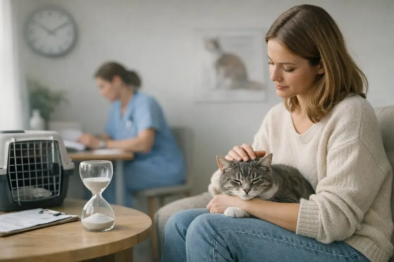 Katzenarztbesuch mit Wartezeiten Eine Katze beim Tierarzt, die auf eine Untersuchung vorbereitet wird.