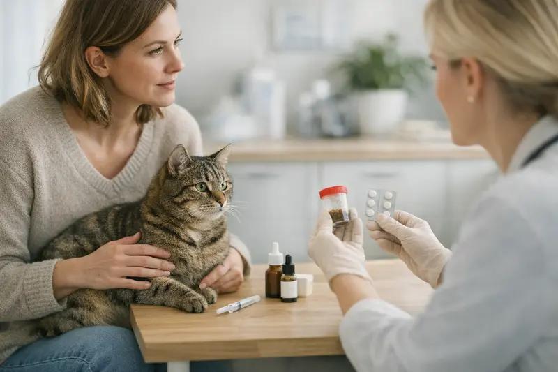 Eine Katze beim Tierarzt, die untersucht wird im Rahmen einer Vorsorgeuntersuchung.