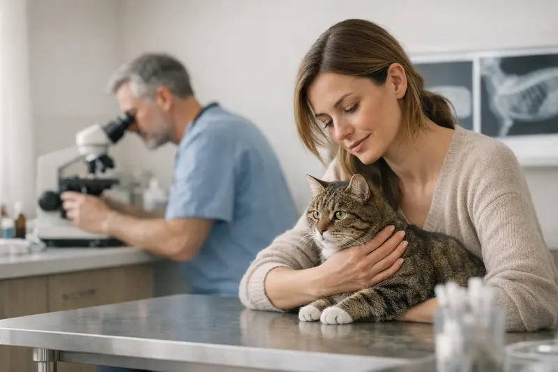 Diagnostik bei Katzen Tierarzt bei der Durchführung einer diagnostischen Untersuchung an einer Katze, um die Ursachen unklarer Symptome zu ermitteln.